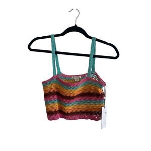 Billabong NWT Crochet Tank Top Cropped Sz S Pink Blue Beachy Surf Hippie